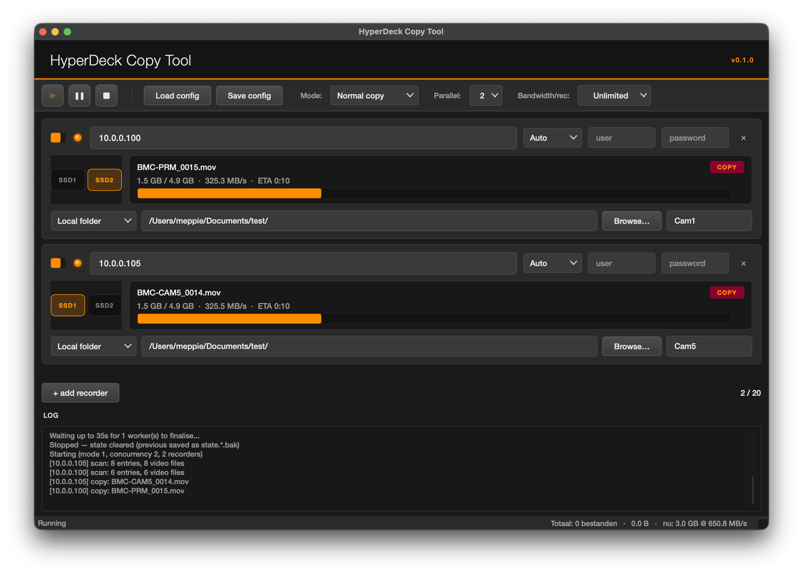 HyperDeck Copy Tool — two recorders copying in parallel, SSD bays lit, log filling up